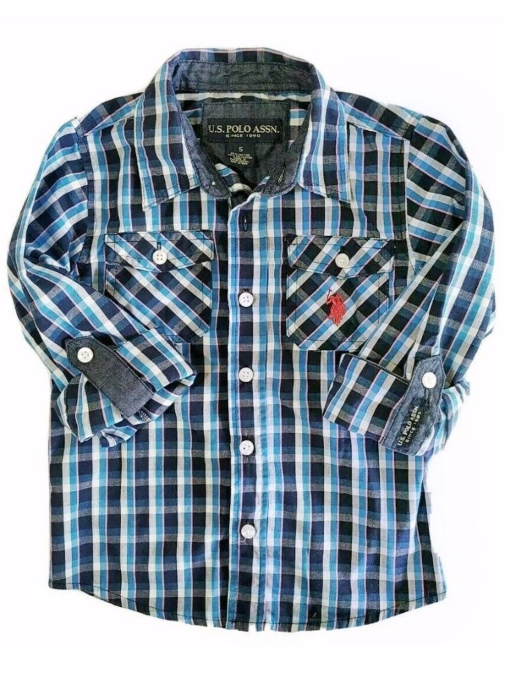 US POLO Assn Boys Plaid Topt sz 5 Roll Tab Button down shirt blue check